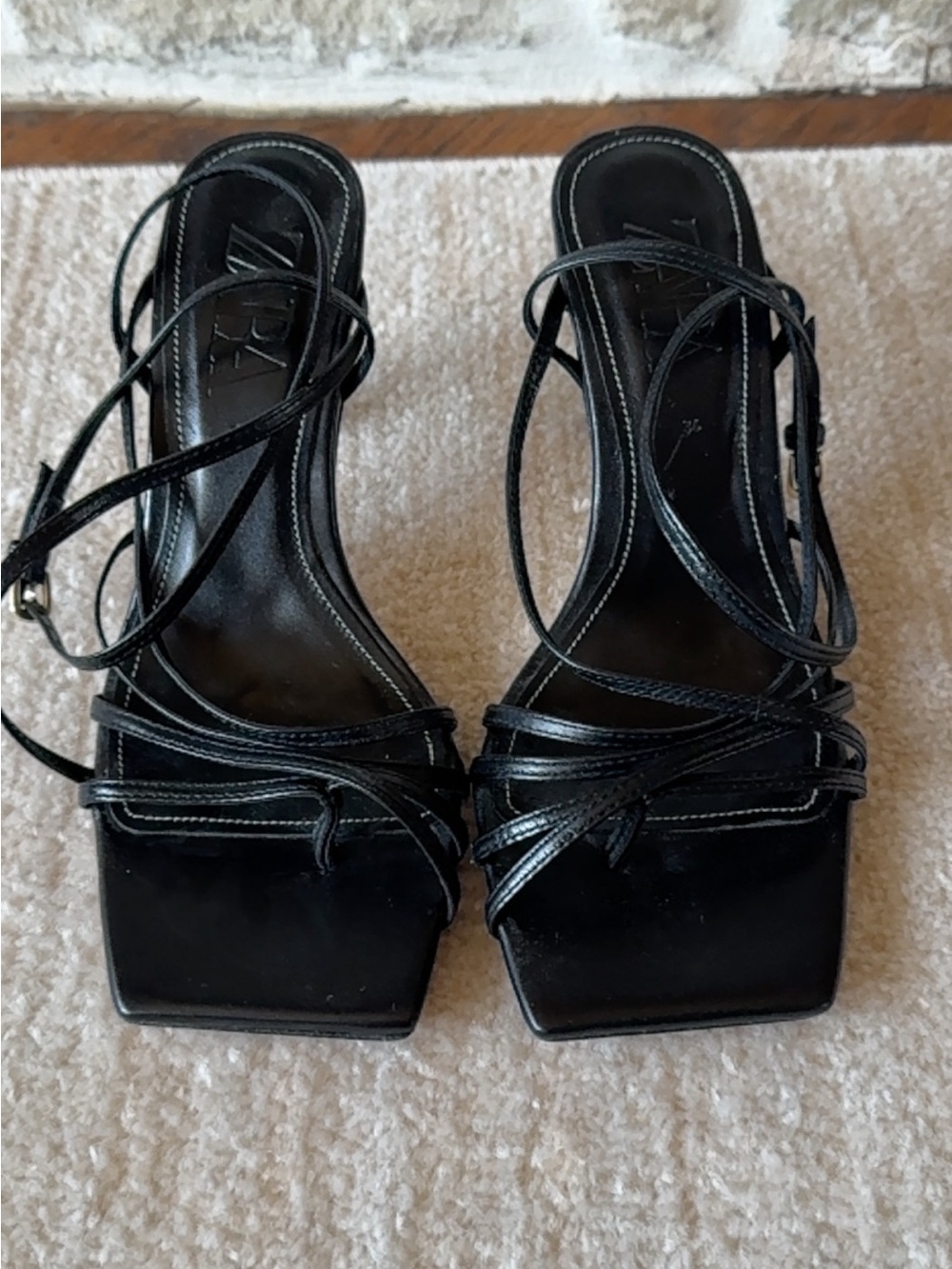Zara Black Strappy Square-Toe Lace-Up Sandals